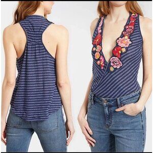 FREE PEOPLE Women Frida Navy Stripe Floral Surplice Tank Appliqué Medium